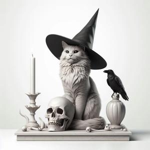 86 Witch Cat Composition - Skull, Raven & Candleholder on Shared Ivory Base, magic, creature, fantasy, wood, gnome, gorgon, warrior, wild, fox, monster, cat, dog, fair, witch, werewolf, horror, beast, gothic, troll