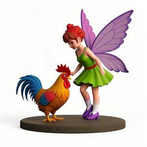 1380 Colorful 3D Model of a Fairy Playing with a Rooster on Base, magic, witch, werewolf, fantasy, wood, base, sword, warrior, wild, dnd, cat, monster, dog, fair, lion, lion, fox, faun, rooster, beast
