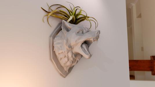 wolf head wall mount roaring planter pot flower vase low poly stl