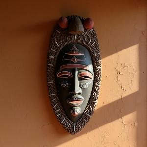 Eyes of Ancestors: African Tribal Mask on Clay Wall