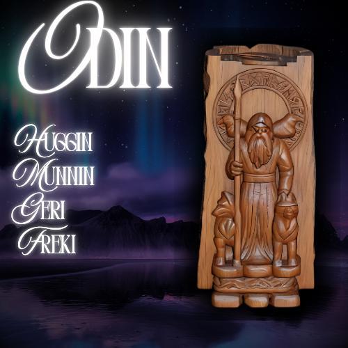 Wood Carved Odin Totem Featuring Huggin Munnin Geri Freki