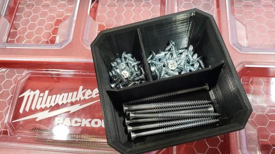 Milwaukee Low Profile Packout bin with 3 different sized compartments