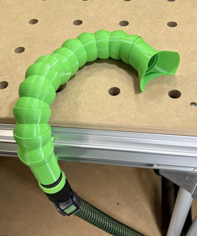 Flexible segmented vacuum hose for ShopVac use on MFTs with 19mm or 20mm holes of Festool MFT rails