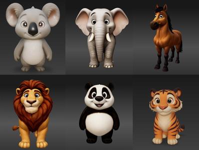 Cute wild animals Lion Panda Horse Koala Tiger Elephant