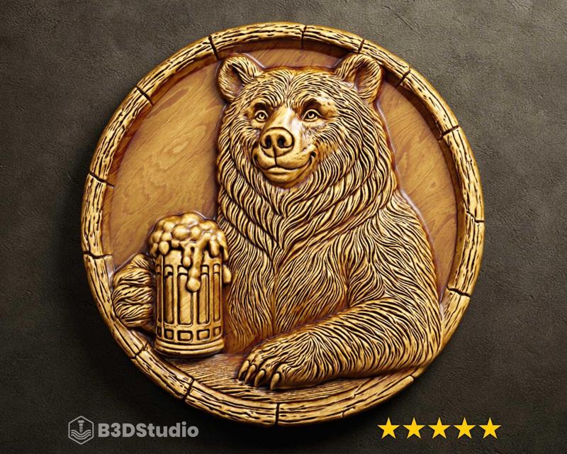 Bear drinking beer Relief High Detail 3D Model: CNC Laser & 3D Print STL File + 4K TIF Grayscale Image