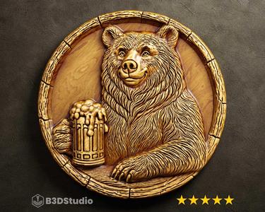 Bear drinking beer Relief High Detail 3D Model: CNC Laser & 3D Print STL File + 4K TIF Grayscale Image