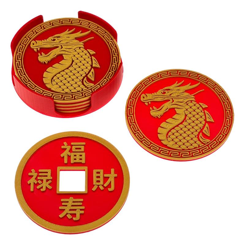 Chinese Dragon & Lucky Coin Coaster Set Chinese New Year - 2024 Year Of The Dragon