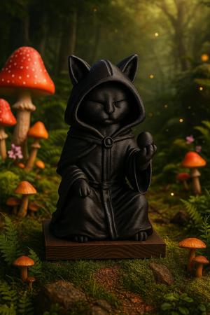 Mystical Cat Seer – Black Cat Wizard Sculpture