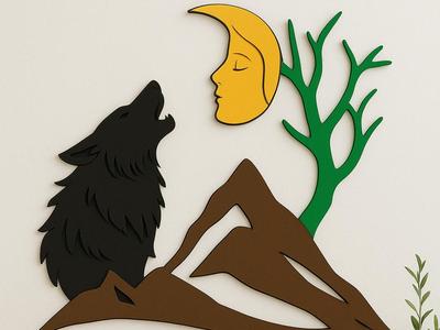 Wolf howling at moon with woman's face 
