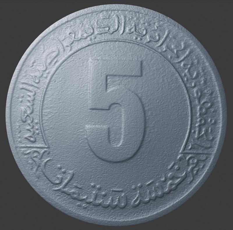 Algerie, 5 Centimes, Number Side, 3D Scan