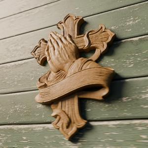 3D STL Design | Praying Hands on Cross Bas-Relief | Religious Wall Art | CNC Routers | 3D Printing
