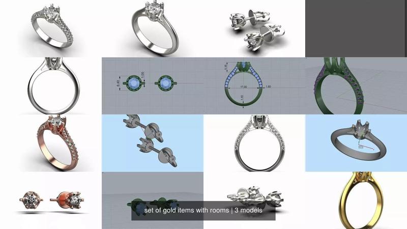 set of gold items with rooms 3D Model Collection