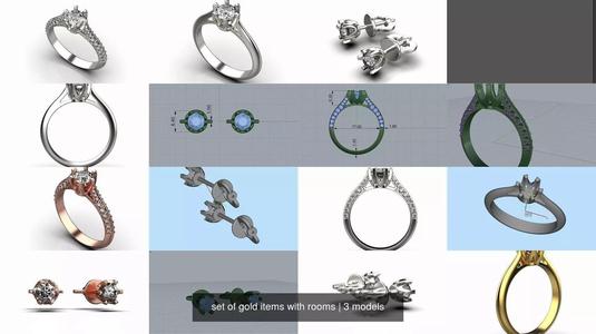 set of gold items with rooms 3D Model Collection