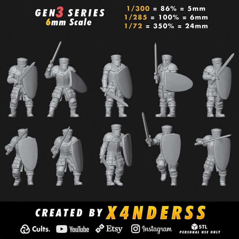 By X4NDERSS • 6mm Unit 3 • Gen3 •  1/285 1/300 1/72 Scale • x10 Stylized Miniature Heroic Models Knight Medieval Knights 3D Print Printing Fantasy Warrior Total War Mini Micro