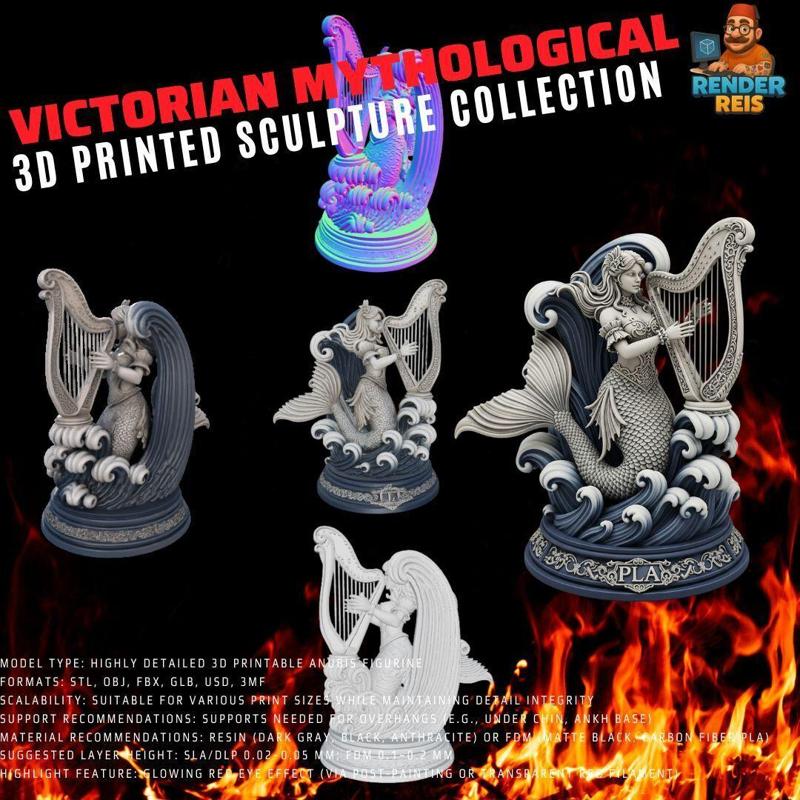 Mermaid Playing Harp Statue - Music Amidst the Waves