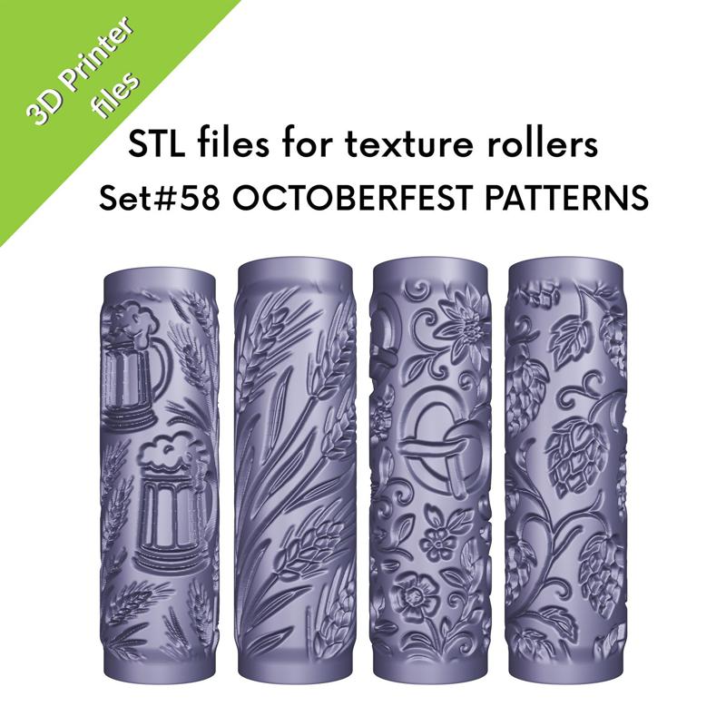 Texture Mini Rollers for clay, Octoberfest patterns, beer mugs, pretzels, barley, hops, files for 3D printing, Set #58