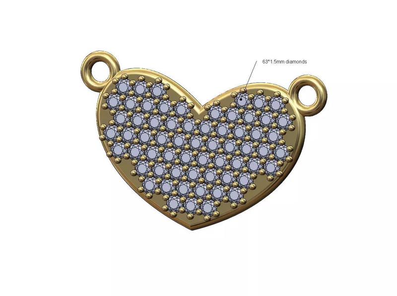 Elongated pave set diamond heart pendant and charm