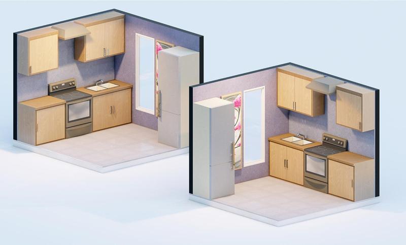 Low poly orthographic view of kitchen in a studio house Low-poly CG model
