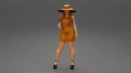 Fashion Girl in Elegant Hat and Dress Fashionable Clothes