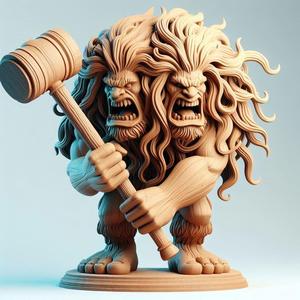 104 Two-Headed Roaring Giant - 3D-Printed Wooden-Style Statue, character, monster, fantasy, art, sculpture, model, animal, 3d model, statue, creature, magic, 3d print, collectible, cat, wood, dragon, sword, base, warrior