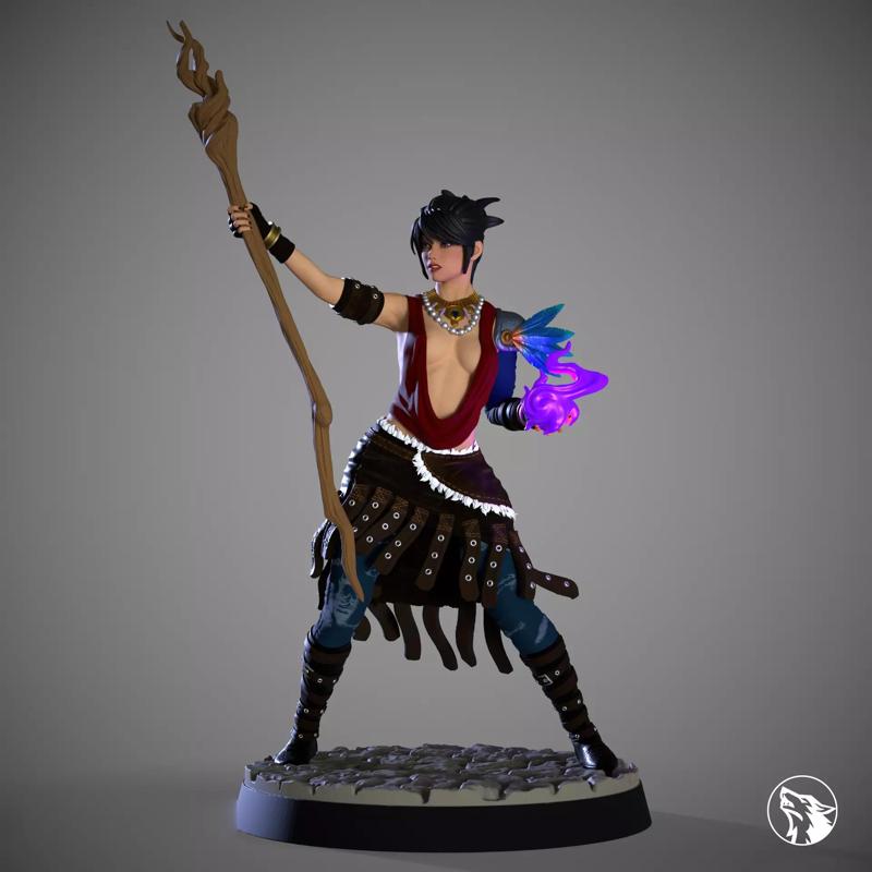 Morrigan statue of woman holding wand