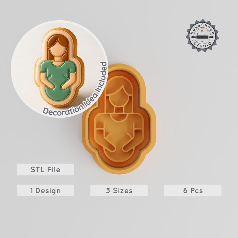 Maternity Shape Cutter & Stamp Set, Cookies & Fondant, S/M/L, Pregnancy, Expecting, Baby Bump, 6 Piece Collection