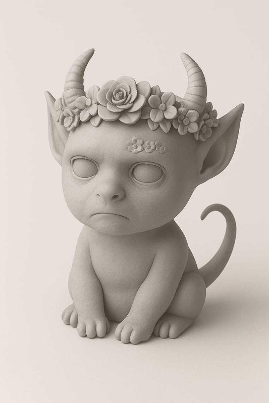 Grumpy Demon Baby Figurine with Flower Crown – STL File for 3D Printing