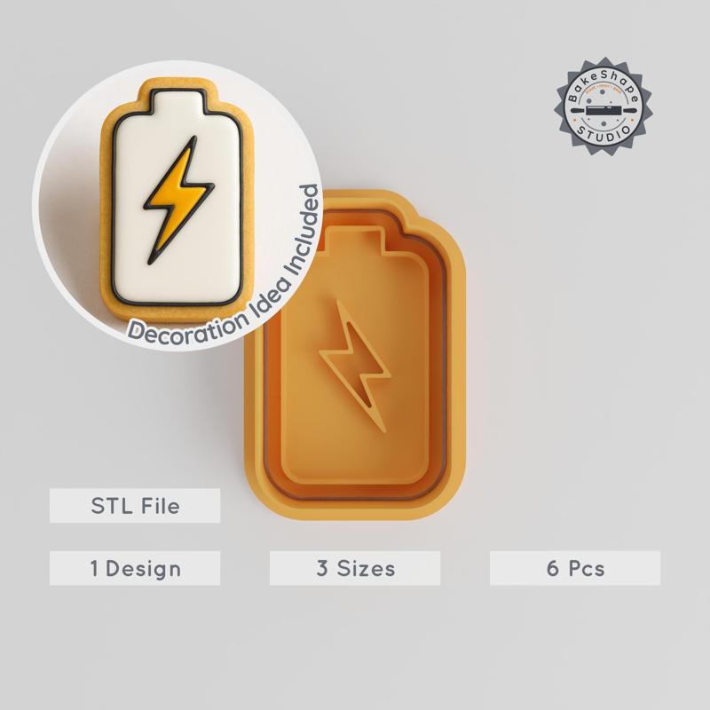 Battery Shape Cutter & Stamp Set, Perfect for Cookies & Fondant, 3 Sizes, Energy & Power Designs