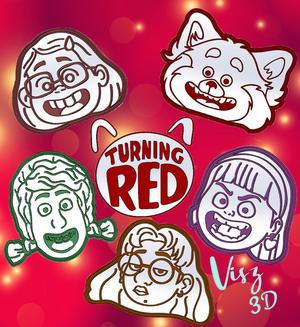 Turning Red cookie cutter characters. Mei Lee, Red, Miriam, Miriam, Priya, Abby, Red Logo