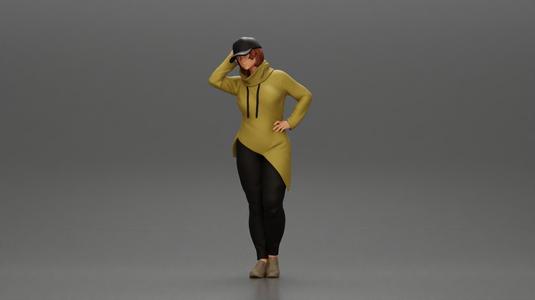 Asian girl in a neck hoodie and cap is standing and thinking