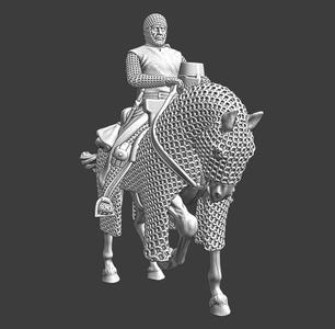 Mounted medieval knight with helmet in hand.