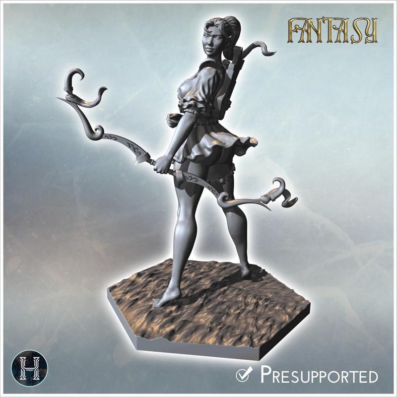 Female warrior with minimal armor, short skirt, and an oversized gauntlet, on a textured base (4) - Medieval Fantasy Magic Feudal Old Archaic Saga 28mm 15mm
