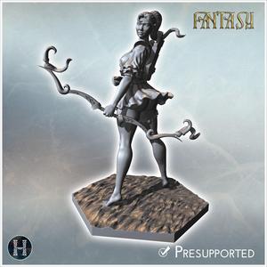 Female warrior with minimal armor, short skirt, and an oversized gauntlet, on a textured base (4) - Medieval Fantasy Magic Feudal Old Archaic Saga 28mm 15mm