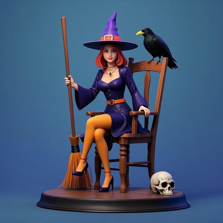 1270 Elegant Witch with Broom, Raven and Skull - Colorful Full-Body Figurine, magic, creature, fantasy, wood, gnome, gorgon, warrior, wild, fox, monster, cat, dog, fair, witch, werewolf, horror, beast, gothic, troll