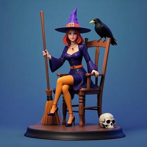 1270 Elegant Witch with Broom, Raven and Skull - Colorful Full-Body Figurine, magic, creature, fantasy, wood, gnome, gorgon, warrior, wild, fox, monster, cat, dog, fair, witch, werewolf, horror, beast, gothic, troll