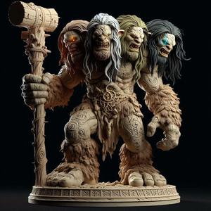 675 Four-Headed Troll - 3D-Printed Fantasy Statue with Club, character, sculpture, statue, creature, low poly, collectible, wood, sword, base, warrior, wild, dog, dragon, dnd, cat, monster hunter, monster, totem, totemic