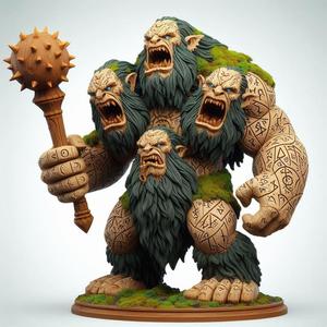 111 Four-Headed Troll - 3D-Printed Fantasy Statue with Club, magic, creature, fantasy, wood, gnome, gorgon, warrior, wild, fox, monster, cat, dog, fair, witch, werewolf, horror, beast, gothic, troll