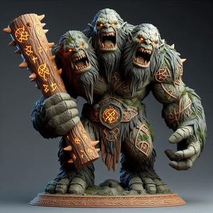 119 Three-Headed Troll - 3D-Printed Fantasy Statue with Club, magic, creature, fantasy, wood, gnome, gorgon, warrior, wild, fox, monster, cat, dog, fair, witch, werewolf, horror, beast, gothic, troll
