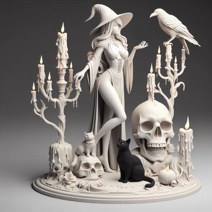 481 Elegant White Witch with Candles, Raven, Black Cat and Skull - Full-Body Figurine, art, sculpture, model, animal, 3d model, statue, creature, magic, 3d print, collectible, wood, sword, base, warrior, wild, low poly, lion, monkey