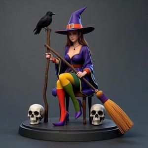 1536 Elegant Witch with Broom, Raven and Skull - Colorful Full-Body Figurine, magic, creature, fantasy, wood, gnome, gorgon, warrior, wild, fox, monster, cat, dog, fair, witch, werewolf, horror, beast, gothic, troll