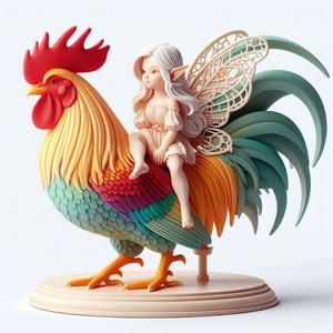 917 Fairy Rider - COLORFUL 3D-Printed Ivory-Style Statue of Fairy on Rooster, magic, witch, werewolf, fantasy, wood, base, sword, warrior, wild, dnd, cat, monster, dog, godzilla, fair, lion, fox, faun, pomeranian, beast