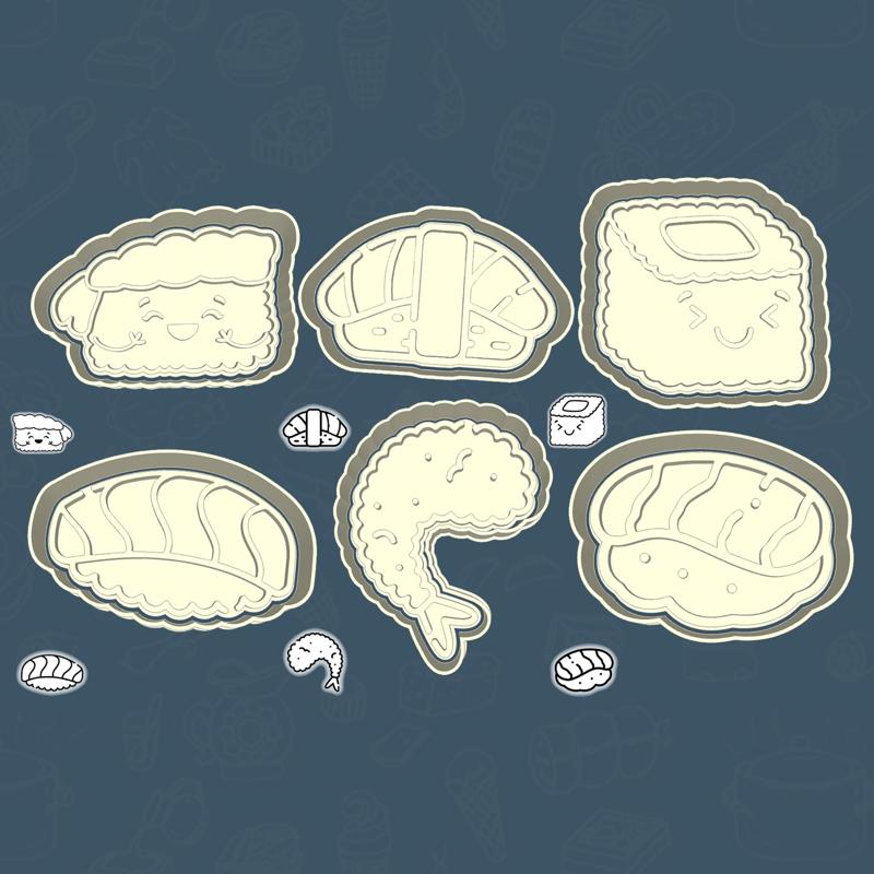 Food & drinks cookie cutters - sushi lover's set / bundle - 6 pieces