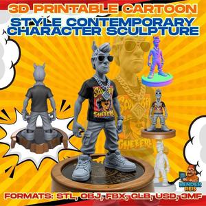 Cool Urban Character Figure with Graphic Tee Accessories and Spiked Hair 3D Printable Model
