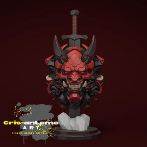 Samurai Demon Mask - 3D Figure with Sword and Decorative Base