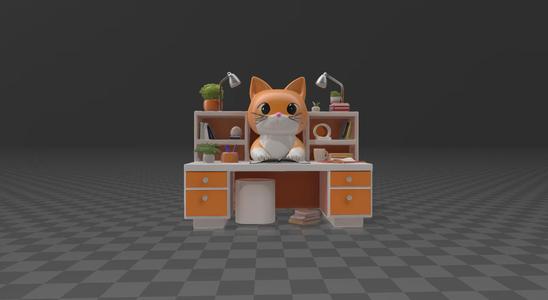 FREE! 🐾 Kawaii Cat with Desk and Bookshelf | STL FREE / Free Model