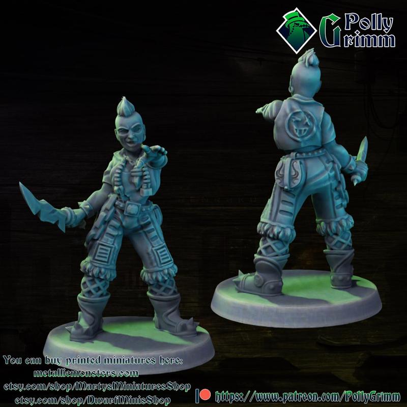 Tabletop miniature sci-fi cyberpunk fantasy. Wild girl. Warrior, criminal