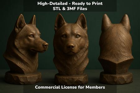 Husky Dog Bust - 3D Printable STL 3MF File - Pet Memorial Statue - Dog Model Download