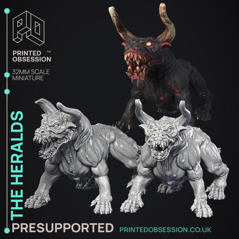 The Heralds - 2 Hell Hounds - Ghast Busters - PRESUPPORTED - Illustrated and Stats - 32mm scale