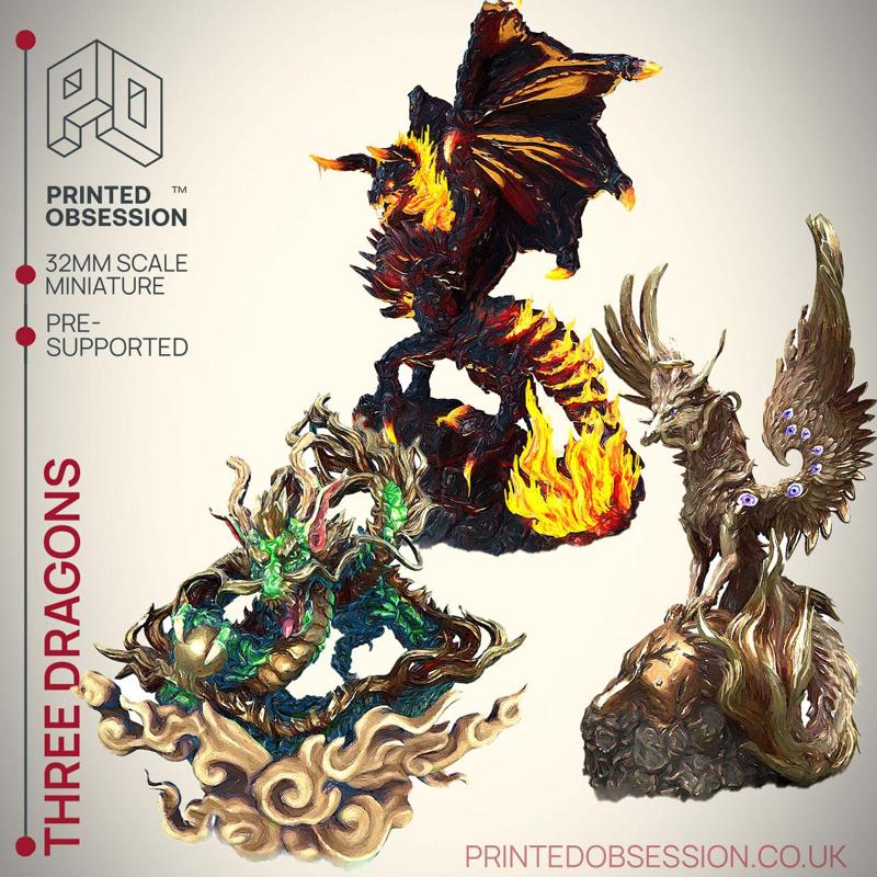 Three Dragon Lords -  PRESUPPORTED - Illustrated and Stats - 32mm scale