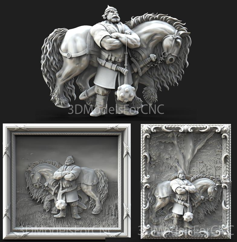 3D Model STL File for CNC Router Laser & 3D Printer Bogatyr with a Horse Pack